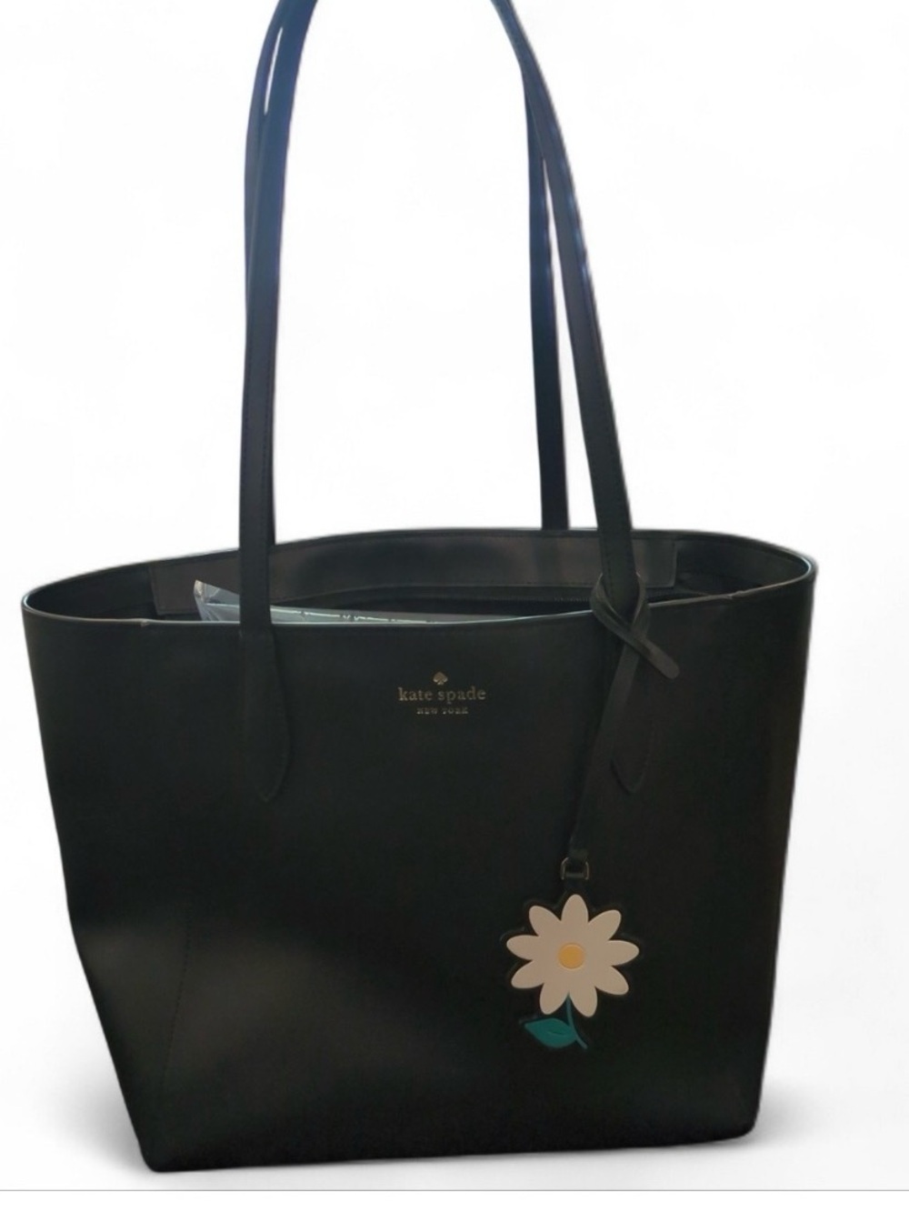 kate spade black leather tote with branded daisy charm & dust bag